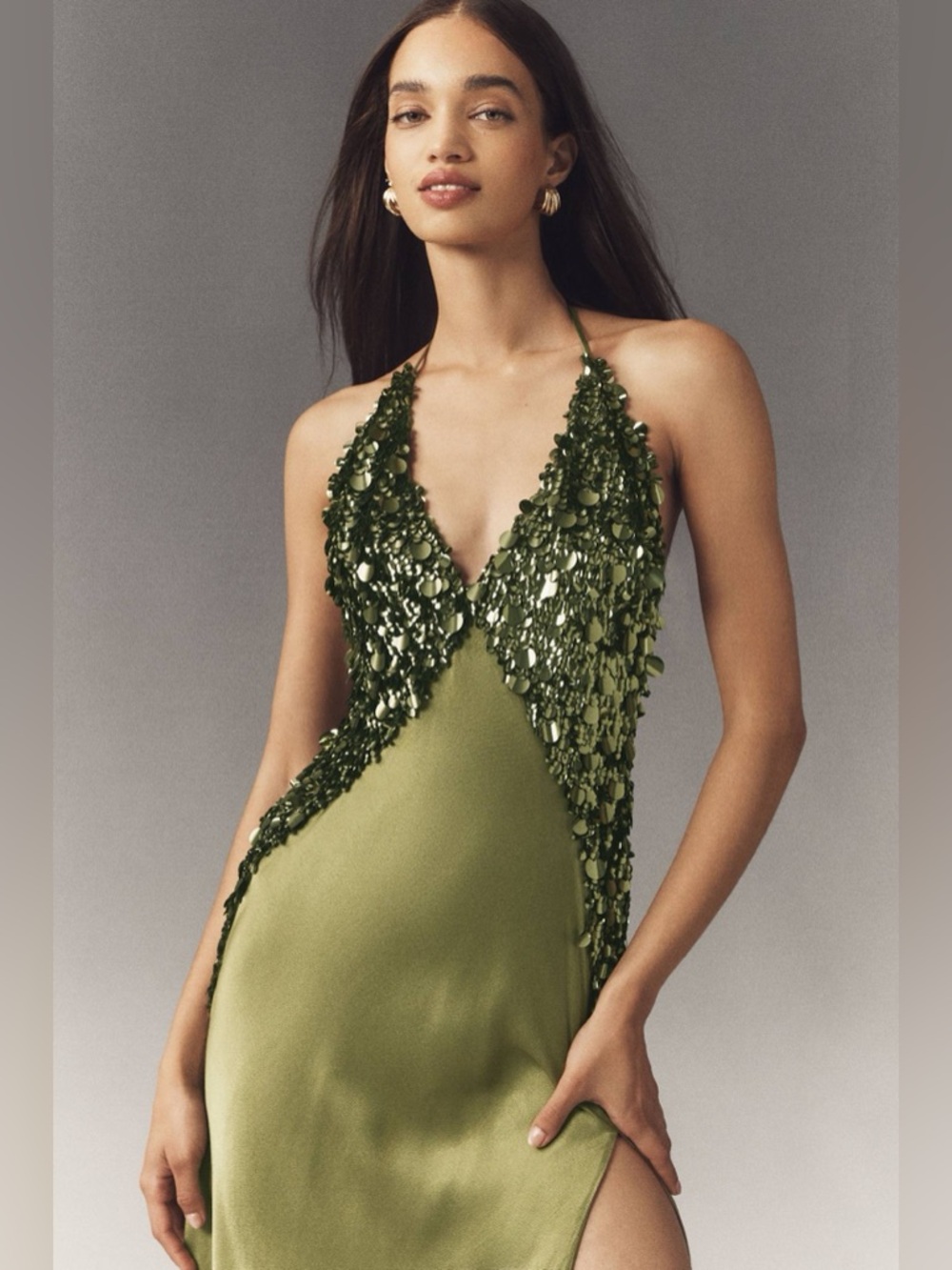 Anthropologie Bardot Yve Sequin Satin Halter Dress Color is called Khaki